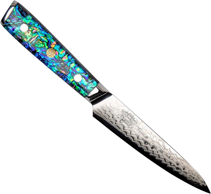 Damascus Utility Knife, 6 Inch, AUS-10 Steel, Clear Resin Handle - Leather Sheath Included