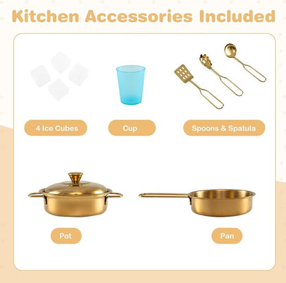 HONEY JOY Kids Kitchen Playset, Wooden Little Chef Pretend Toy Kitchen Set w/Chalkboard, Telephone, Utensils, Oven, Microwave, Sink, Storage, Play Kitchen for Toddlers Boys Girls, Cream