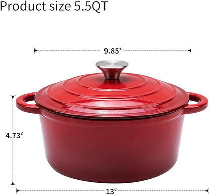 Enameled Cast Iron Dutch Oven - 5.5QT Pot with Lid,Oven Safe to 500°F,Heavy-Duty Cookware for Sourdough Bread Baking,Braising,Stews,Roasting Red
