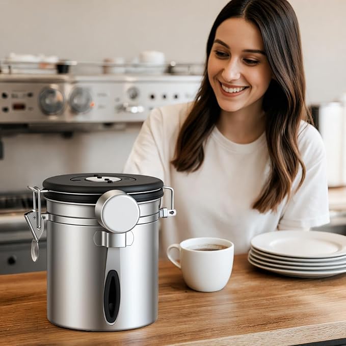ShanSon Coffee Canister Airtight, Stainless Steel Bean Storage Container with Date Tracker & Scoop, Grounds Sugar Flour Tea Cereal Fits Kitchen Pantry, Ideal Gift for Coffee Lovers,12oz,Silver