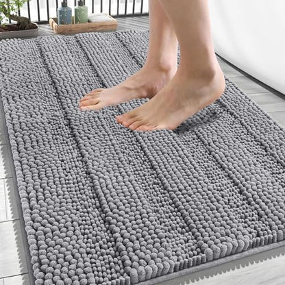 OLANLY Thick Bathroom Rugs 34x21, Soft Chenille Striped Bath Rugs, Grey