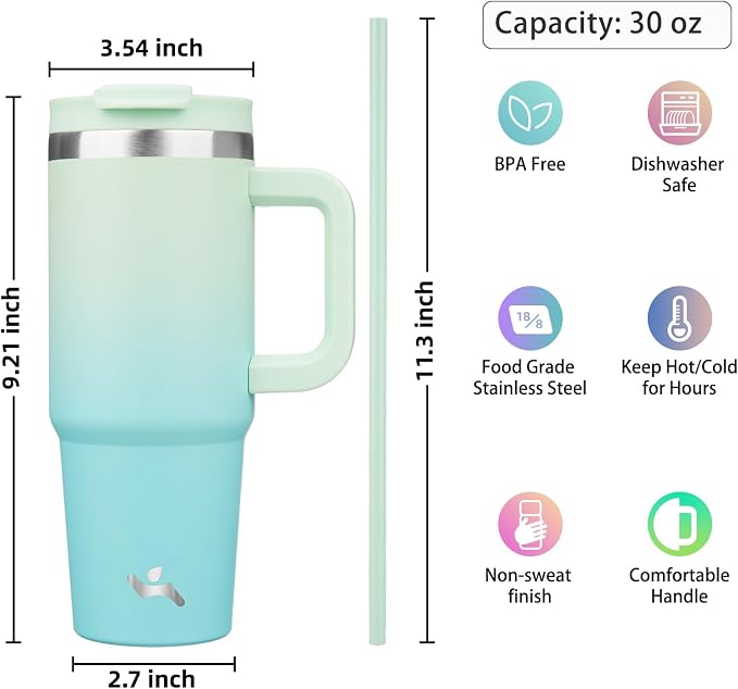 Konokyo 30 oz Tumbler with Handle and 2 Straws,2 in 1 Lid Insulated Water Bottle Stainless Steel Travel Coffee Mug,Mint