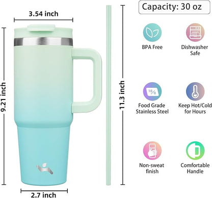 Konokyo 30 oz Tumbler with Handle and 2 Straws,2 in 1 Lid Insulated Water Bottle Stainless Steel Travel Coffee Mug,Mint