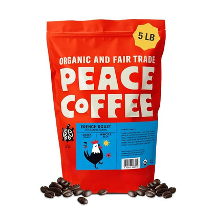 Peace Coffee French Roast Whole Bean Coffee, Dark Roast, 5 lb, Organic Fair Trade, Nutty, Bold Flavor, Shade Grown, Fresh Roasted