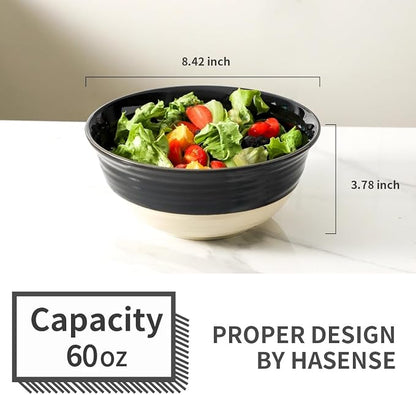 HASENSE Large Porcelain Serving Bowls Set of 2, 60 Oz 8.5 Inch Black & Beige Stoneware Mixing Bowls, Farmhouse Bowls for Salad, Soup & Pasta, Dishwasher & Microwave Safe