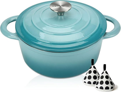 COOKWIN Enameled Cast Iron Dutch Oven, 5 QT Bread Baking Pot with Self Basting Lid, Non-stick Enamel Coated Cookware Pot, Great Christmas Gifts for Family, Teal