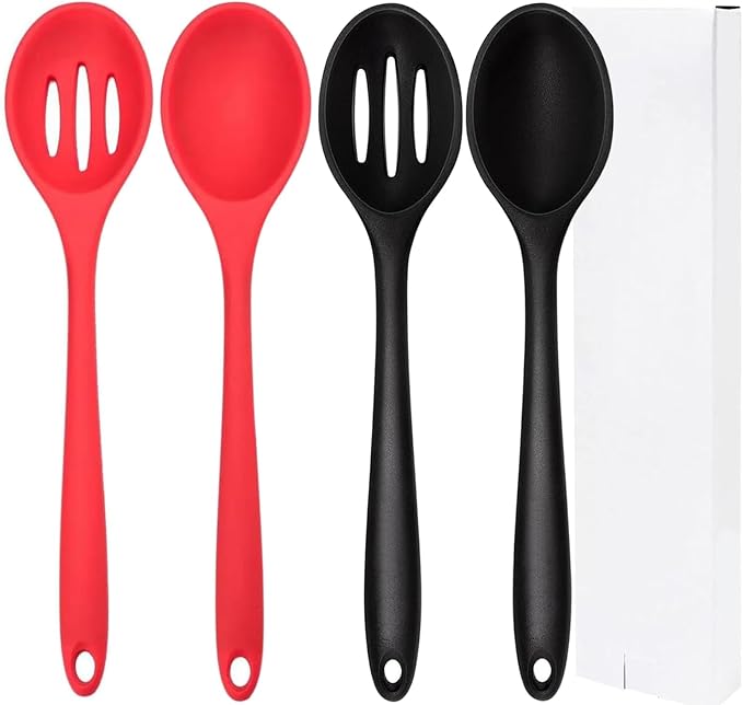 Kitchen Silicone Cooking Spoon,Nonstick Mixing Serving Spoons Set for Cooking,Slotted and Solid Serving Spoon Heat Resistant,Silicone Mixing Basting Stirring Spoons for Bake Stir Cookware 4 PCS