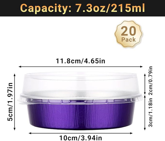 Beasea 7.3oz Cheesecake Pan with Lids, 20 Pack 4 Inch Round Aluminum Foil Disposable Tart Tins, Cupcake Container with Lids Mini Pie Tart Pans Baking Cups For Pizza Quiche - Violet Purple
