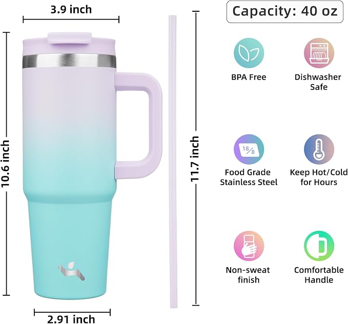 Konokyo 40 oz Tumbler with Handle and 2 Straws,2 in 1 Lid Insulated Water Bottle Stainless Steel Travel Coffee Mug,Lavender Green