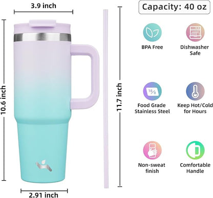 Konokyo 40 oz Tumbler with Handle and 2 Straws,2 in 1 Lid Insulated Water Bottle Stainless Steel Travel Coffee Mug,Lavender Green
