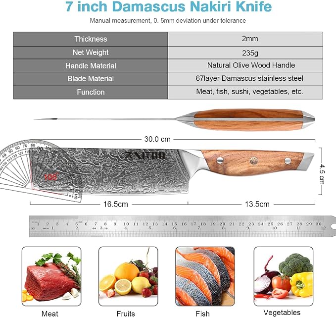 Damascus Steel 7-Inch Nakiri Knife with Olive Wood Handle - Sharp Precision Kitchen Knife for Professional & Home Chefs
