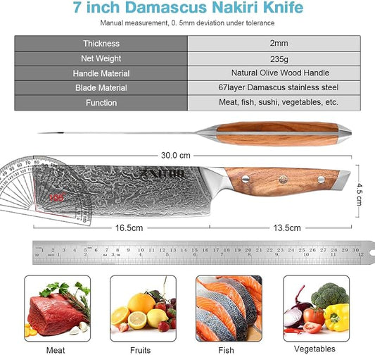 Damascus Steel 7-Inch Nakiri Knife with Olive Wood Handle - Sharp Precision Kitchen Knife for Professional & Home Chefs