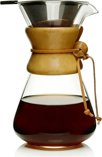 subjectthree Glass Coffee Maker Pour Over Coffee Dripper Set with 304 Stainless Reusable Filter for Camping,Office,Cafes,Home Use,Barista Kit 6/8/10 Cup Easy Clean(34 Ounce Curved)