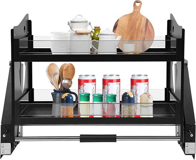 Pull Down Cabinet Organizer, 2-Tier Lowering Basket for 27.95-29.13" Wide Cabinet, 22 lbs Capacity Tempered Glass Pull-Out Kitchen Storage Shelf, Soft Close Damping, 29.13*10.63*20.47in Black