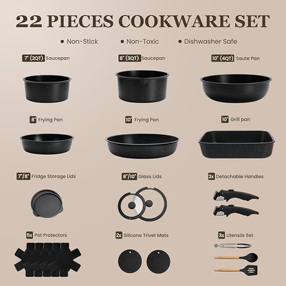 22 Pack Nonstick Pots and Pans Set, KIKCOIN Cookware Set with Detachable Handle, Kitchen Cooking Pans Set with Frying Pan, Grill Pan - Stackable for RV Kitchen, Induction Ready, Dishwasher/Oven Safe
