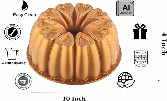 Heart Shape Aluminum Cake Pan, Titanium Coating, Non-Stick, 12 Cups, Heavy Duty, Gifts for Mom, Molded Cake Pan, 10 Inch Baking Mold, Cast Aluminum Fluted Tube Pan, Easy to Clean (Gold)