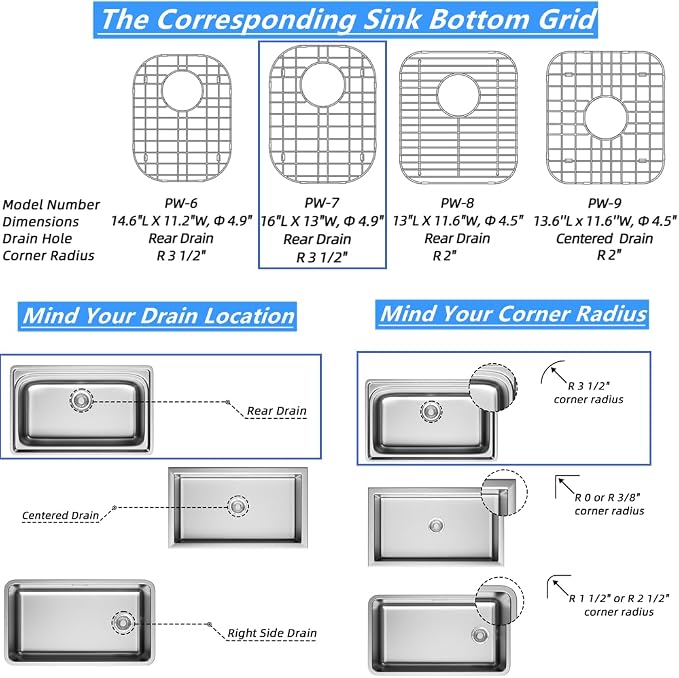 Kitchen Sink Bottom Grid Protector 16.1"L X 13"W, Universal Metal Sink Grate with Rear Drain, Stainless Steel Sink Rack for Bottom of Kitchen Double Bowl Sink, 2Pack
