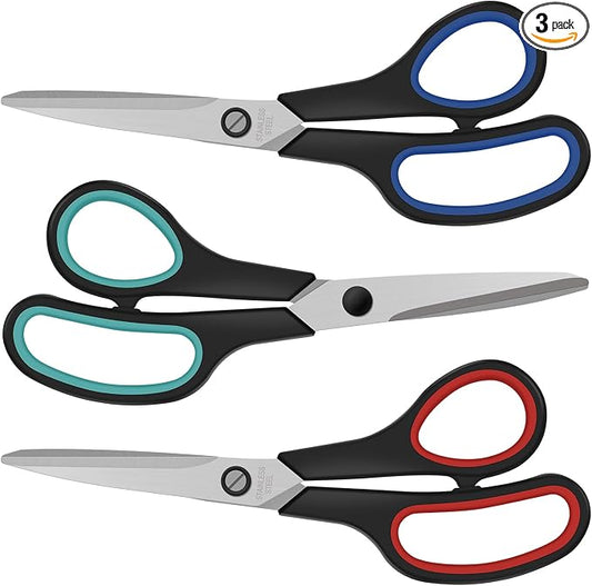 3 Pack Heavy Duty Scissors, 8.3"Stainless Steel Scissor With Ergonomic Soft-Grip Handles, Scissors All Purpose for Office, Kitchen, Crafts, Sewing (Red+Green+Blue)
