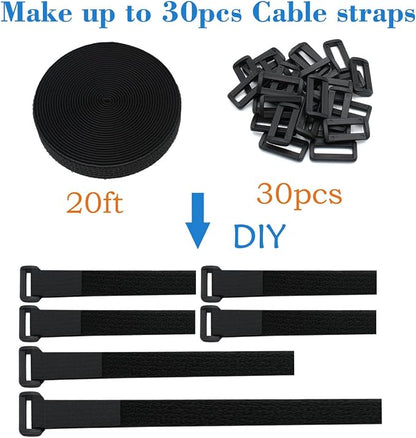YiwerDer 1"x20FT Hook and Loop Straps, with 30 Plastic Buckles, Adjustable Fastening Cable Straps, Cut-to-Length Cinch Strap, Reusable Nylon Securing Cord Ties for Organizer or Storage - Black