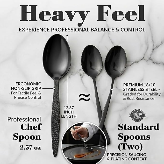 CREATIVECHEF Kunz Spoons, Chef Kunz Cooking Spoons, Stainless Steel Titanium Shiny Basting Spoon, 18/10 Stainless Steel, Plating Kunz Spoons, Dinner Serving Spoons (Black)