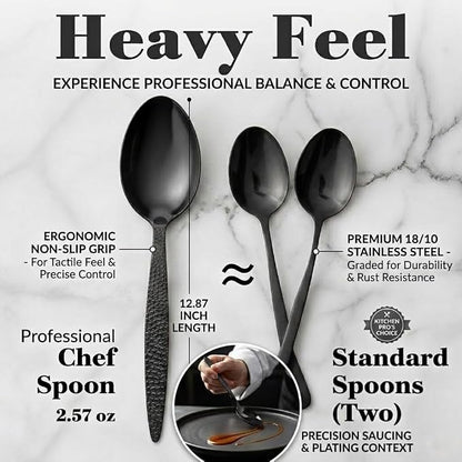 CREATIVECHEF Kunz Spoons, Chef Kunz Cooking Spoons, Stainless Steel Titanium Shiny Basting Spoon, 18/10 Stainless Steel, Plating Kunz Spoons, Dinner Serving Spoons (Black)