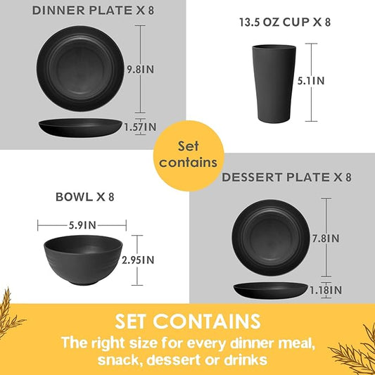 Teivio 32-Piece Kitchen Plastic Wheat Straw Dinnerware Set, Service for 8, Unbreakable Modern Dish Set - Dinner Plate/Dessert Plate/Cereal Bowl/Cup, for Apartment Essentials, Outdoor Camping, Black