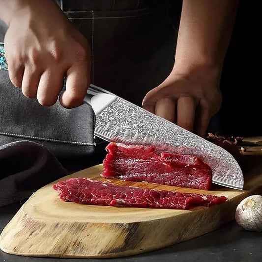 Home Safety Damascus Santoku Knife, 18cm Chef's Knifes Made of 67 Layers of VG-10 Damascus Steel, Full Tang Razor Sharp Kitchen Knife with Ergonomic Abalone Shell Handle, Gift Box