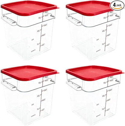 4 Pack Food Storage Containers with Red Lids, 18.0 Qt - Square, Clear, Polycarbonate, for Restaurant Commercial Kitchen and Home party