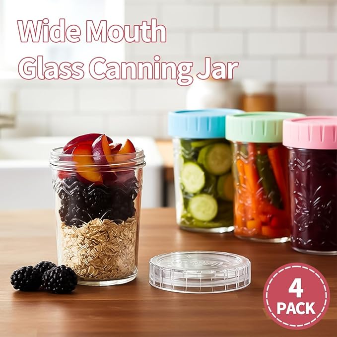 4-Pack 20oz Glass Jars with Lids, Mason Jars, BPA free Wide Mouth Glass Jars with Lids, Food Storage Containers for Snacks, Yogurt, Salad, Fridge, Meal Prep（Mixed color）