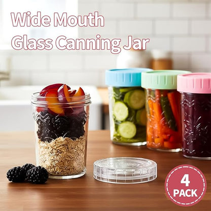 4-Pack 20oz Glass Jars with Lids, Mason Jars, BPA free Wide Mouth Glass Jars with Lids, Food Storage Containers for Snacks, Yogurt, Salad, Fridge, Meal Prep（Mixed color）