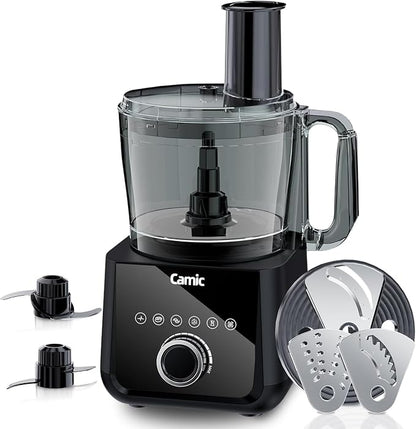 Camic Food Processor, 600W, Shredding and Slicing, French Fries Cutter, Kneading, Meat and Vegetable Chopping, Ice Crushing, 6 Presets, Easy to Operate and Clean for Home Use (Standard Version)