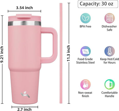 Konokyo 30 oz Tumbler with Handle and 2 Straws,2 in 1 Lid Insulated Water Bottle Stainless Steel Travel Coffee Mug,Pink