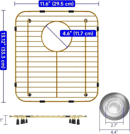 Bottom of Gold Sink Protector Rack, Stainless Steel 13.2" L X 11.6" W Sink Grid Dish Drying Rack Grate with Rear Drain Hole