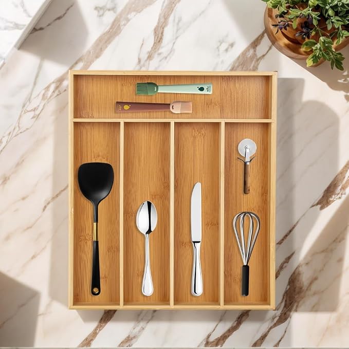 Bamboo Drawer Organizer Expandable Cutlery Tray Adjustable Utensils Holde