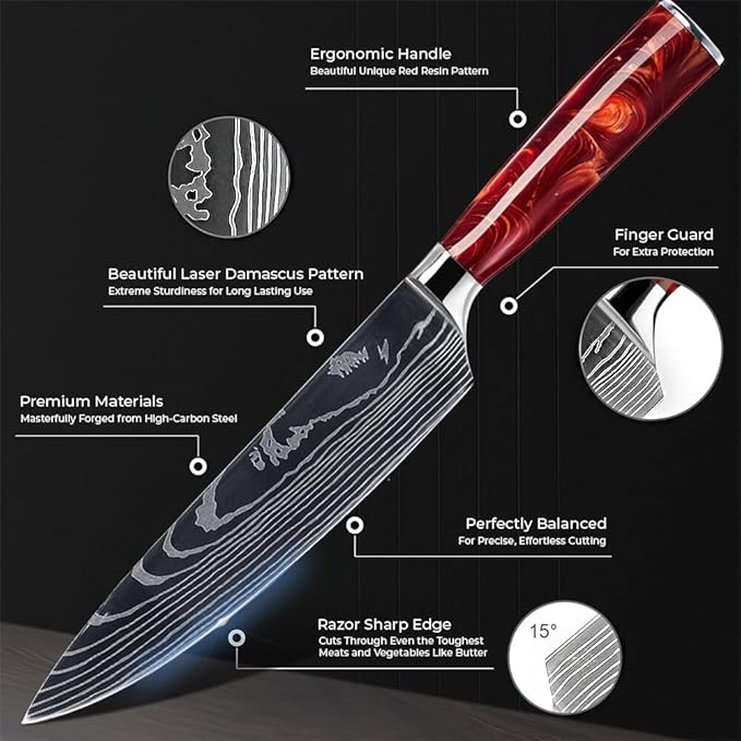 SENKEN 8-Piece Japanese Knife Set with Red Resin Handle and Laser Damascus Pattern - Crimson Collection - Chef's Knife, Cleaver, Santoku, Bread Knife, Paring Knife, & More (Crimson Red)