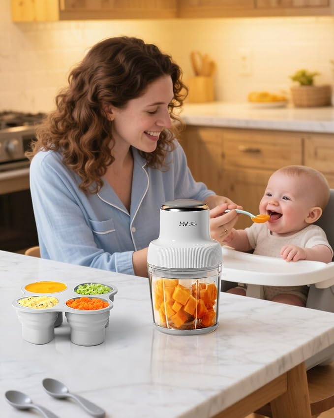 Baby Food Maker, HEYVALUE Larger Baby Food Processor Set for Fruit, Vegatable & Meat, Glass Puree Blender with Baby Food Freezer Tray, Silicone Spoons, Spatula,20 OZ(Gray)