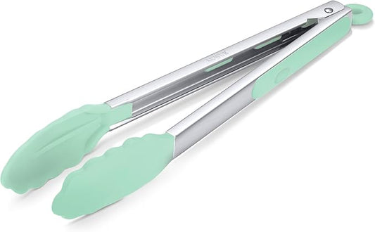 Silicone Salad Tongs - 12 Inch, 304 Stainless Steel Core & Non-Slip Grip, Pistachio Color, Kitchen Utensils for Grilling Salad