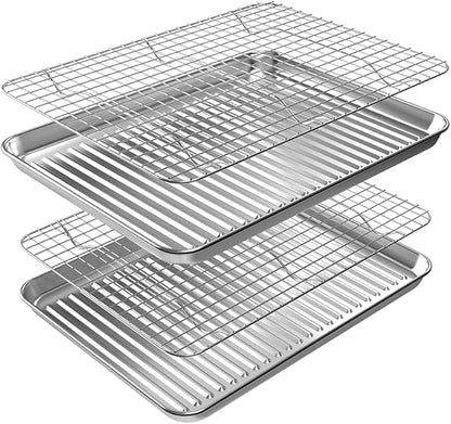 ROTTAY Quarter Baking Sheet Pan with Wire Rack Set [2 Pans + 2 Racks], Stainless Steel Cookie Sheet for Oven, Warp Resistant & Heavy Duty & Rust Free, Size 12 x 10 x 1 Inches