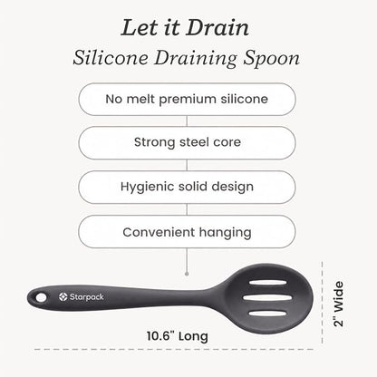 Starpack 'Let it Drain' Silicone Slotted Spoon(10.6 Inches) - Small Slotted Spoon for Cooking Heat Resistant to 600°F - Silicone Slotted Serving Spoons, Non Stick Slotted Cooking Spoon
