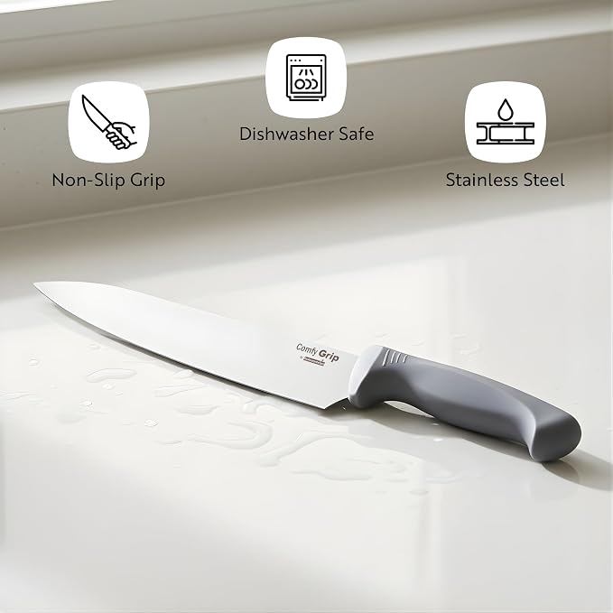 Restaurantware Comfy Grip 10 Inch Chef's Knife 1 Sharp Cooking Knife - Ergonomic Handle Non-Slip Grip Gray Stainless Steel Kitchen Knife Dishwashable Slice Dice Mince or Chop Ingredients