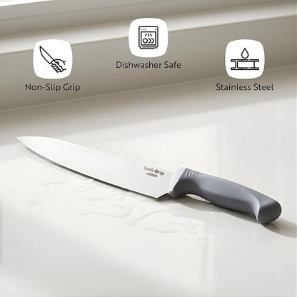 Restaurantware Comfy Grip 10 Inch Chef's Knife 1 Sharp Cooking Knife - Ergonomic Handle Non-Slip Grip Gray Stainless Steel Kitchen Knife Dishwashable Slice Dice Mince or Chop Ingredients