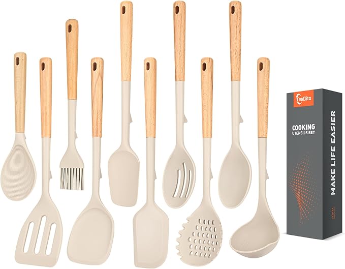 Silicone Cooking Utensils Set of 10 with Wooden Handle,No Scratch for Nonstick Cookware,Slotted Spoon&Spatula,Solid Spoon&Spatula,Large Measuring Ladle,Brush,Rice Paddle,Baking Turner&Flipper (Khaki)