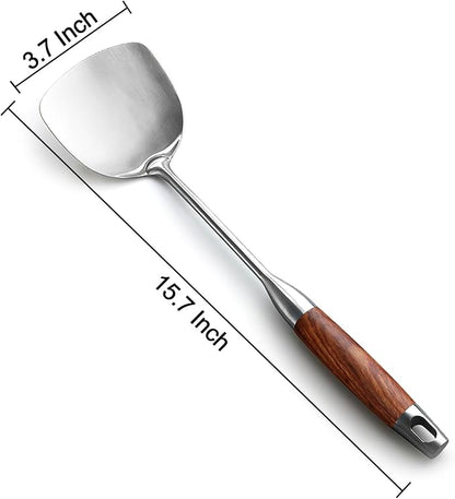 IQCWOOD Chinese Wok Spatula, 15.7’’ Stainless Steel Spatula with Wooden Handle, Ideal Kitchen Gift for Mother and Grandma, Kitchen Utensils Set for Cooking, Frying, Baking