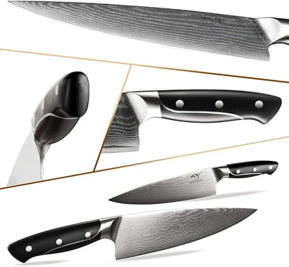 Damascus Kitchen Knife Sets, 9 Pieces Kitchen Knives Set with Block, ABS Ergonomic Handle for Chef Knife Set, Knife Sharpener and Kitchen Shears, Knife Block Set