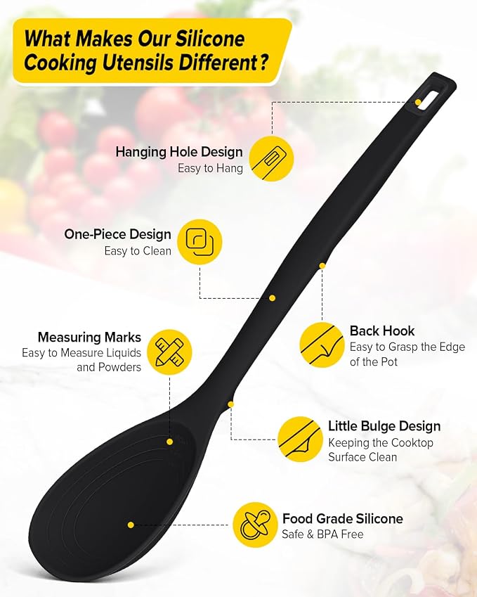 Silicone Cooking Utensils Set, 9 Pcs Heat Resistant Kitchen Utensils with Back Hooks, BPA Free Kitchen Tools with Spatulas, Spoons, Skimmer and Pasta Fork for Non Stick Cookware (BLACK)