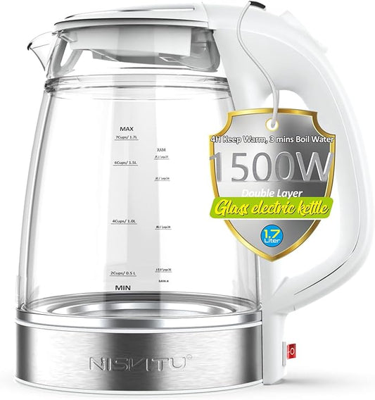 NISVITU 1.7L Dual Wall Cool Touch Electric Kettle, BPA-Free Borosilicate Glass Inner, PC Outer, 1500W Fast Boil Cordless Hot Water Boiler & Electric Tea Kettle, Keep Warm, Auto Shut-Off, White