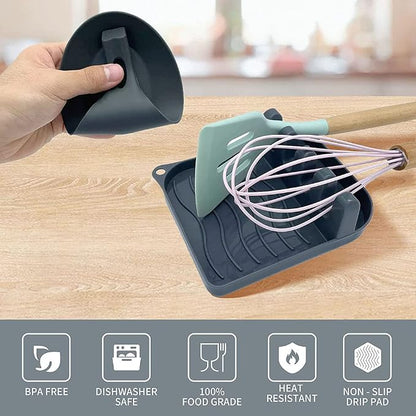 2 Pack Multiple Utensil Spoon Rest with Drip Pad Non-Slip Heat Resistant Kitchen and Grill Spoon Holder for Spatula, Ladle, Tongs, Kitchen Gadgets, and Cooking Accessories (Silver Gray)