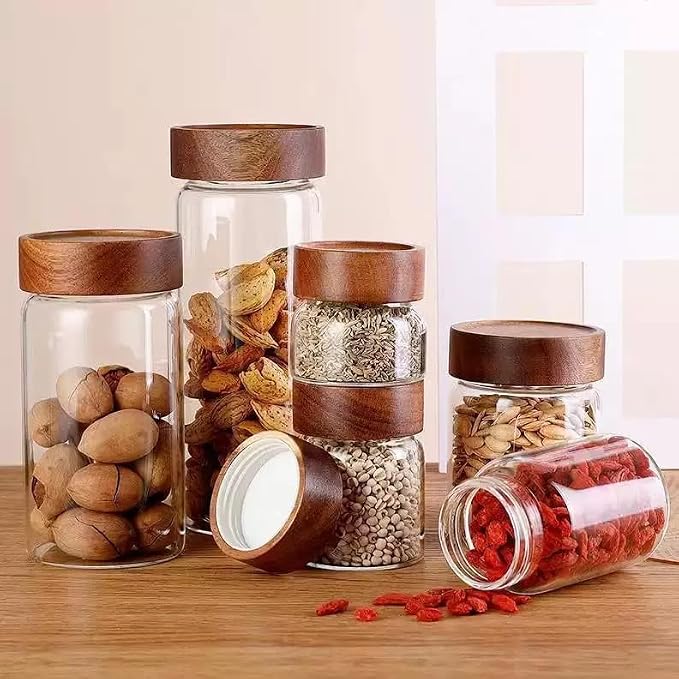 Sixhaven Wide Mouth Glass Storage Jars With 2.5" Acacia Wood Lids - Starter Pantry Set - 8 Jars - 4 Sizes - Food Storage Containers - Pantry Organizers and Storage (8, Transparent, Starter Pantry Set)