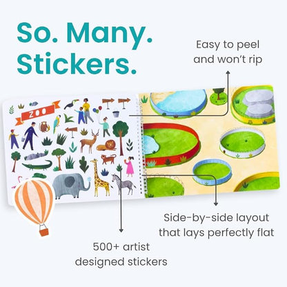 All Around Town 500+ Kids Sticker Book by Cupkin Fun Toddler Travel Activity Coloring and Sticker Book, Road Trip Essentials, 12 Coloring Pages 12 Side by Side Scenes for Ages 2–8 Years