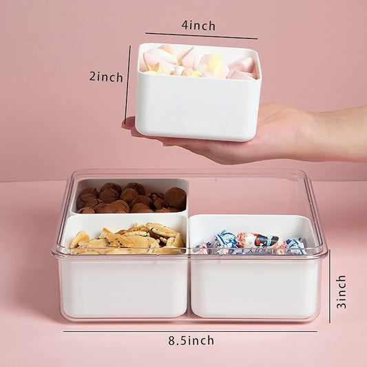 Divided Serving Tray with Lid for Veggie Charcuterie Container Portion Control Salad Keeper with 4 Removable Boxes Stackable Refrigerator Organizer Bins Food Storage Organizer Produce Saver